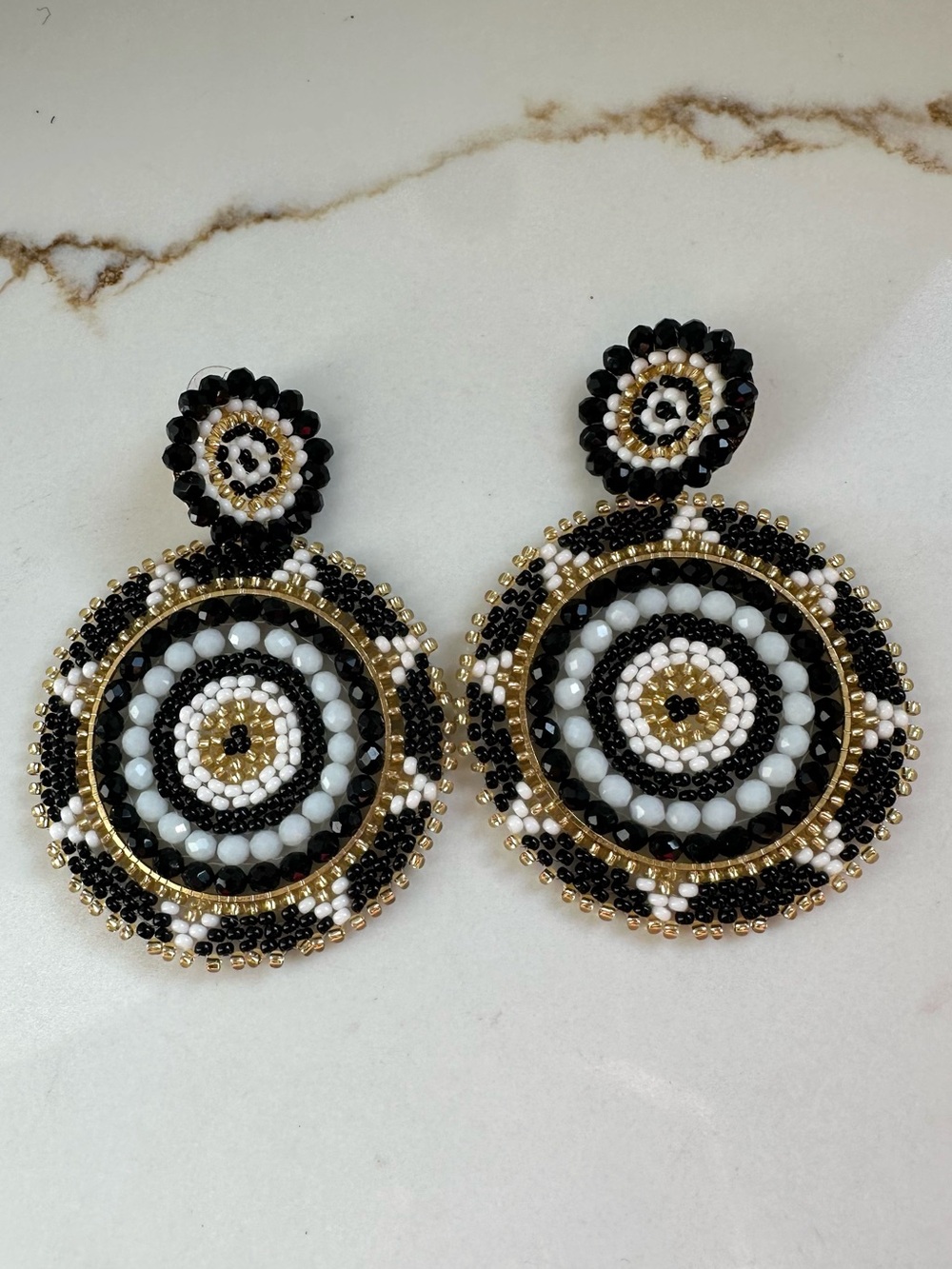Handmade Bohemian seed bead dangle earrings black & white